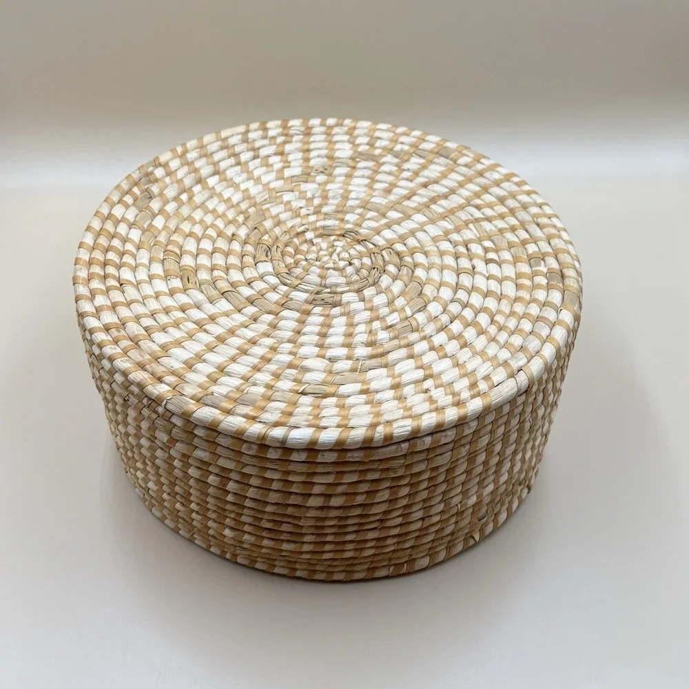 Handwoven Lidded Raffia Coil Basket Natural Boho Woven Storage Basket Vintage